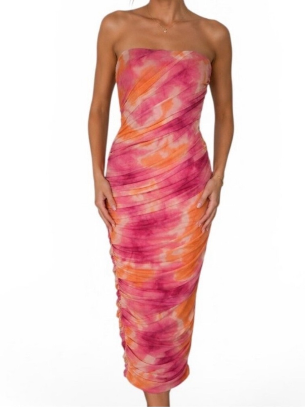 Zara Strapless Pink and Orange Ruched Midi Dress